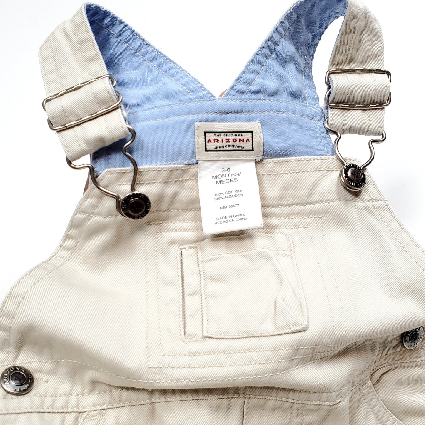 Arizona Boys Cream Denim Shortalls 3M Used, close-up