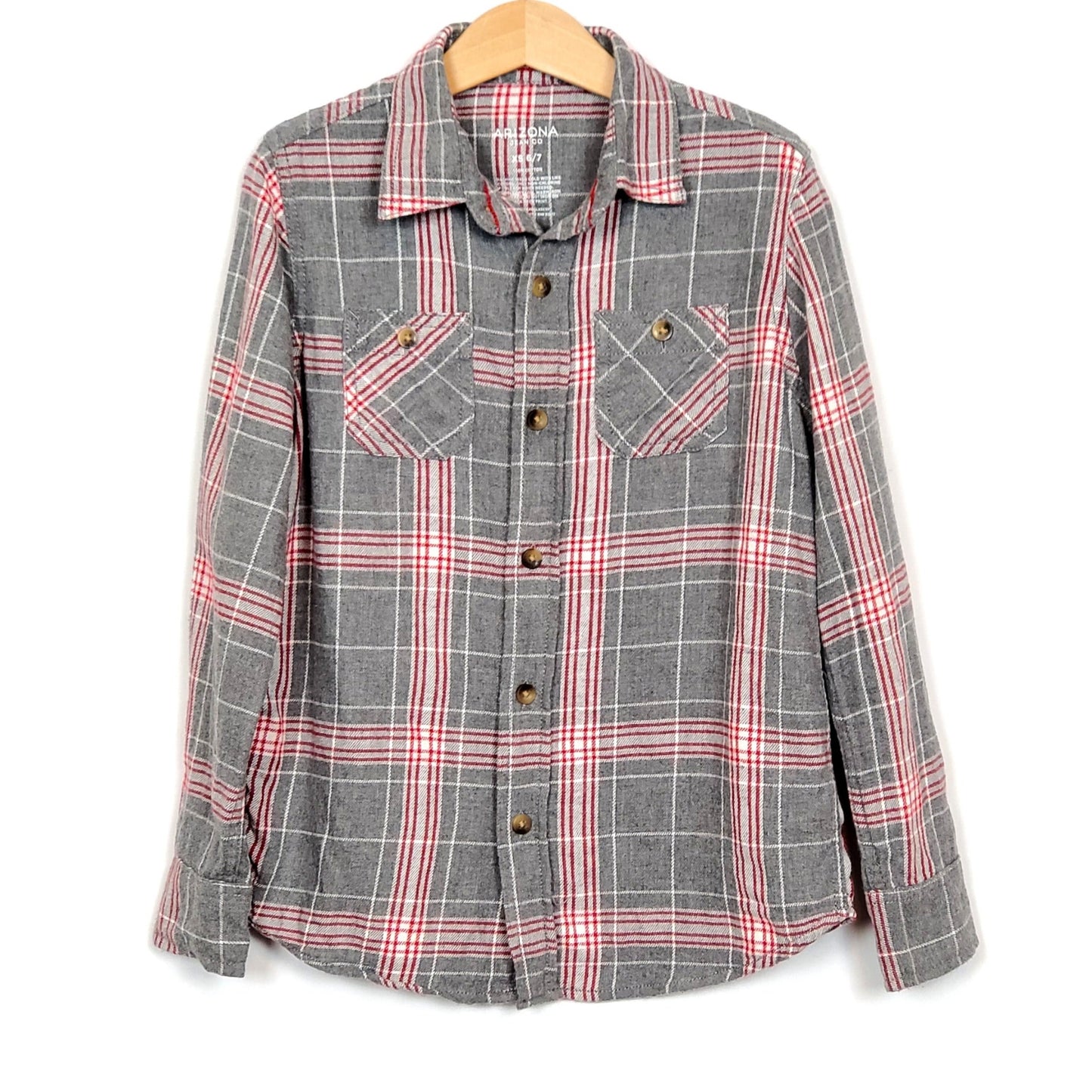 Arizona Boys Grey Red Flannel Plaid Shirt Size 6 Used, front