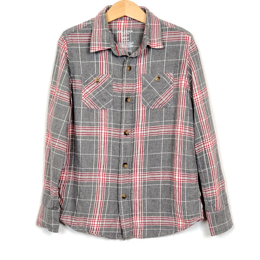 Arizona Boys Grey Red Flannel Plaid Shirt Size 6 Used, front