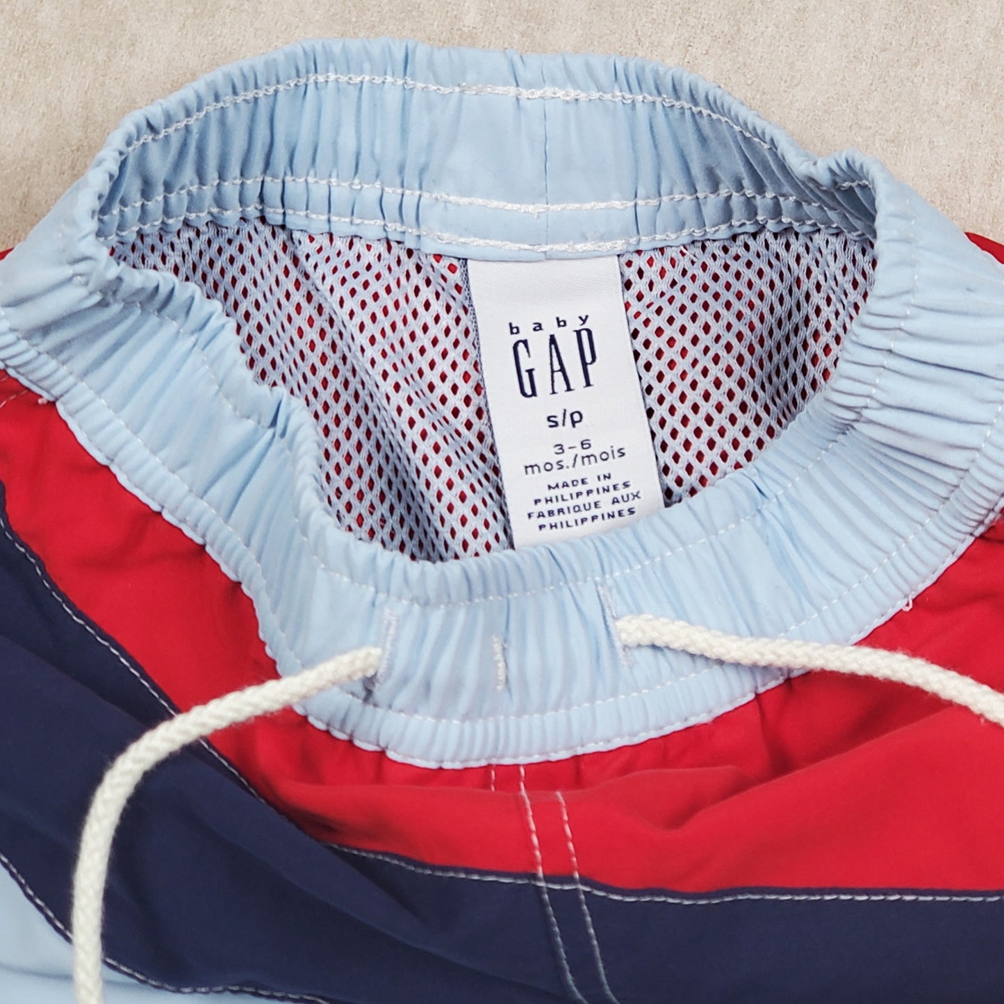 Baby Gap Boys Swim Trunks Blue Red Used, close-up