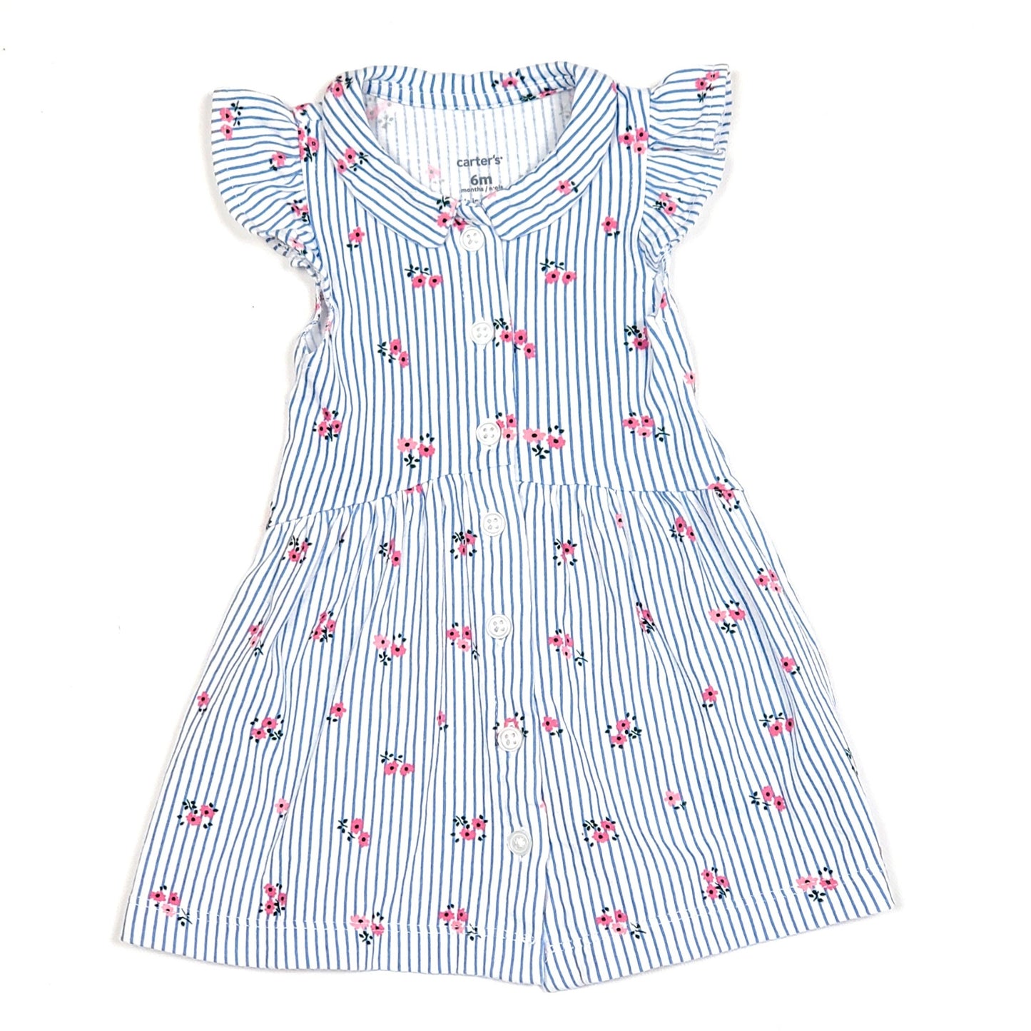Carters Girls Blue Striped Floral Dress 6M Used View 1