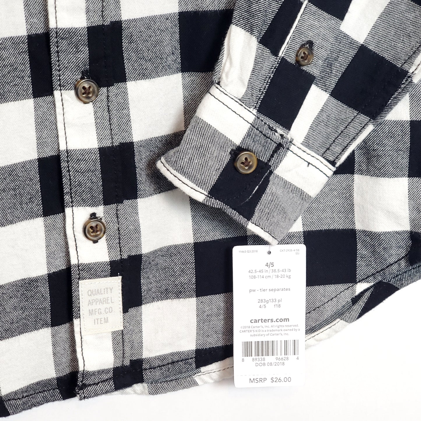 Carters Boys Black White Plaid Shirt, close-up of tag