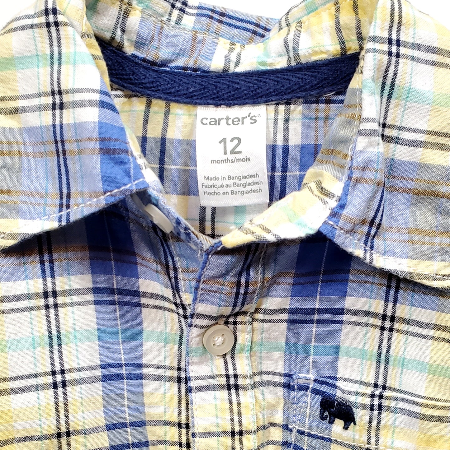 Carters Boys Blue Yellow Plaid Shirt 12M Used View 3