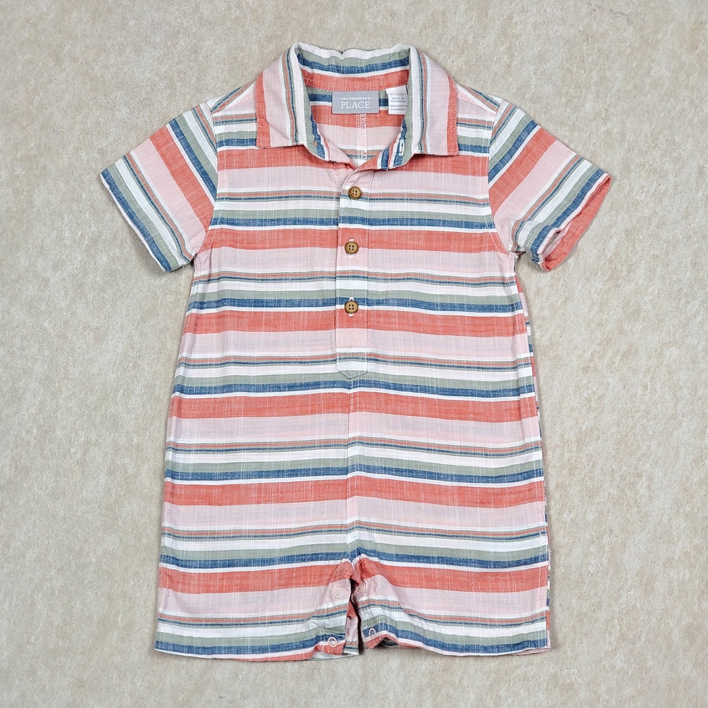 Childrens Place Boys Orange Striped Romper 6M Used View 1