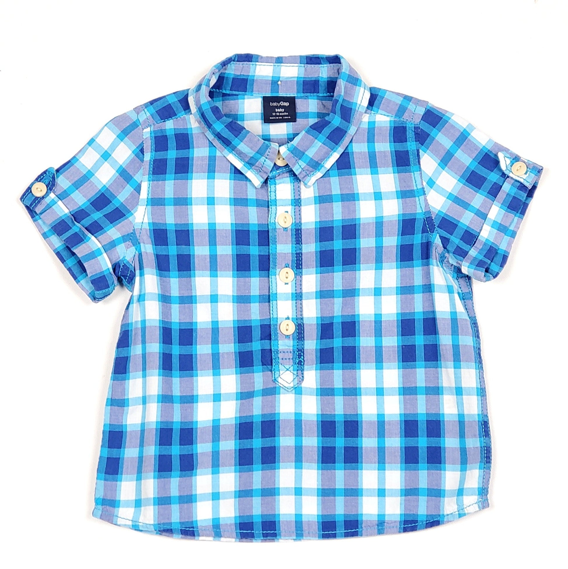 Baby Gap Boys Blue White Plaid Shirt 12M Used, front