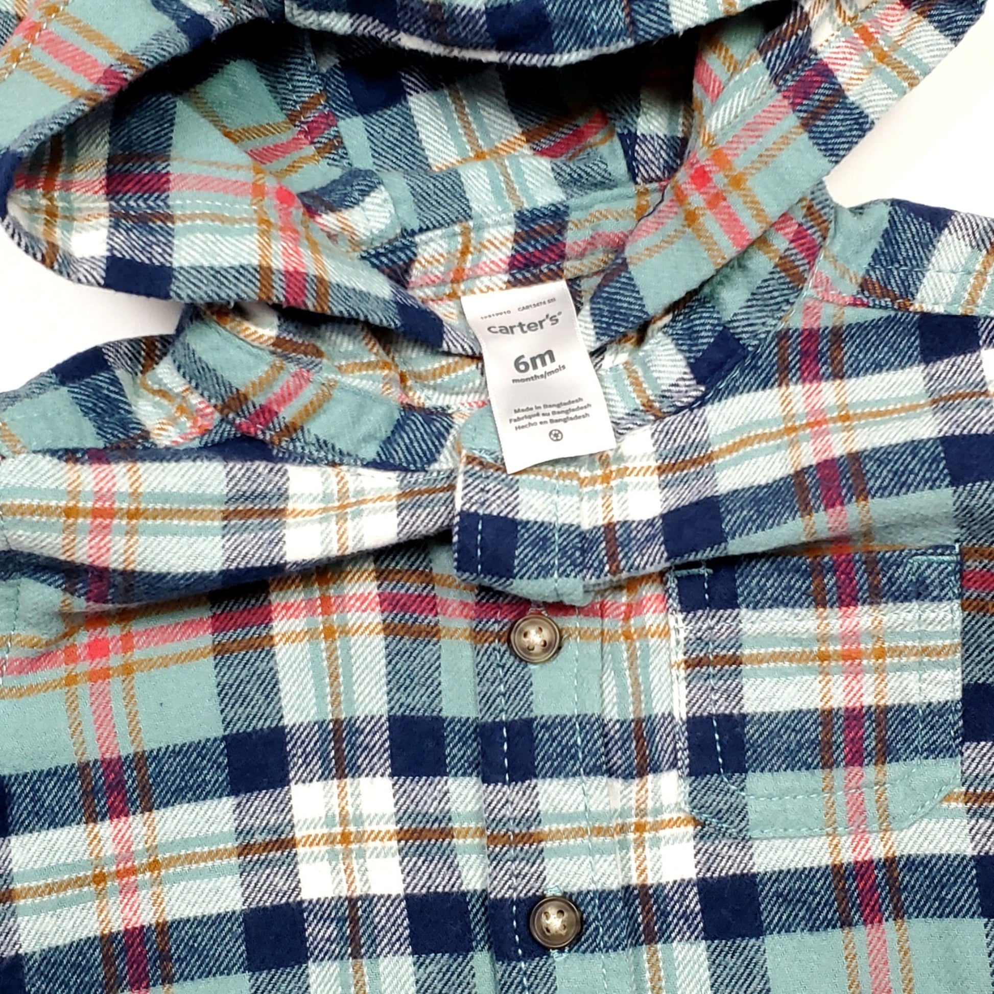 Carters Green Blue Boys Hooded Flannel Shirt 6M Used View 3
