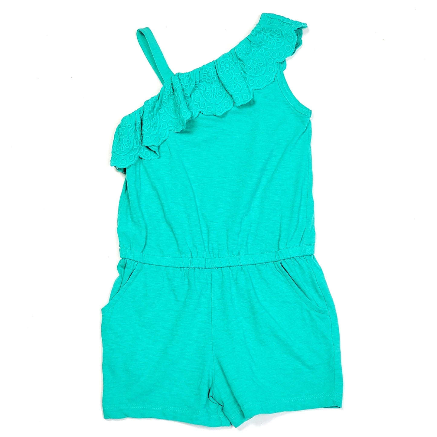 Cat Jack Girls Green Ruffle Shoulder Romper 2T, front