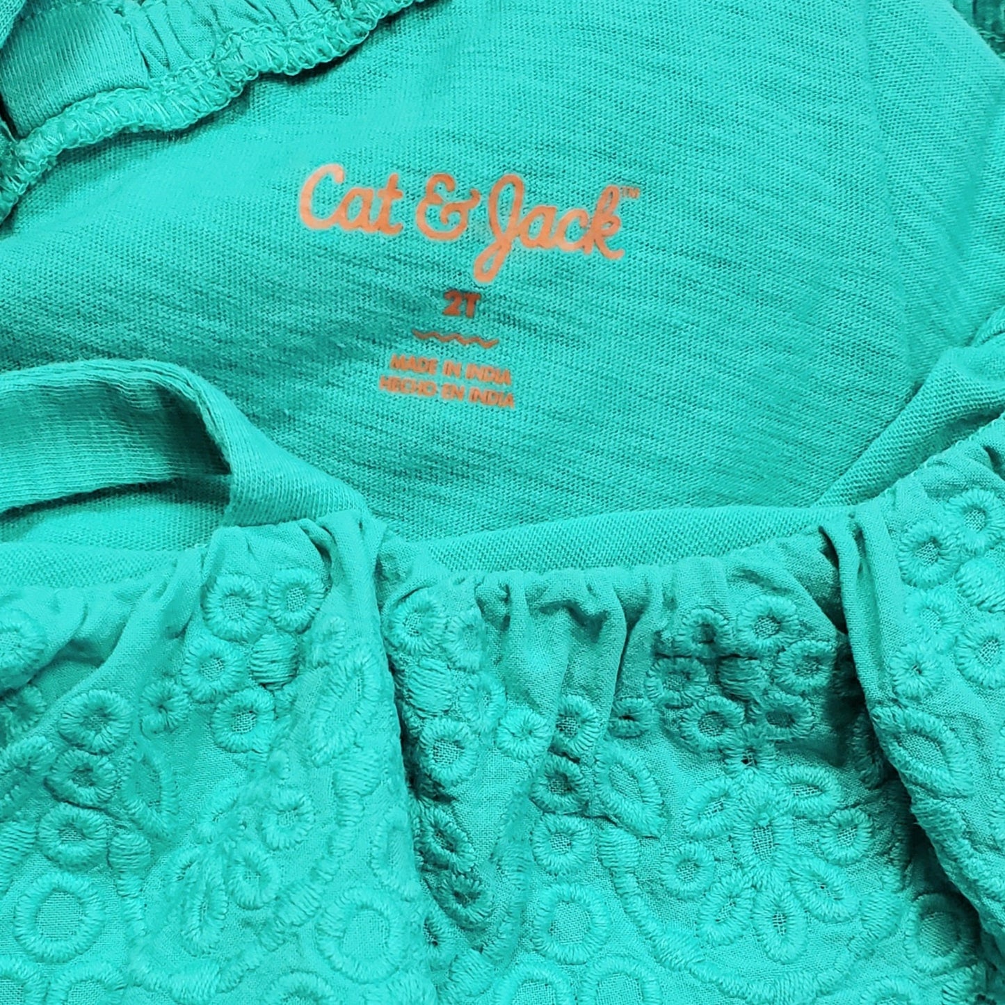 Cat Jack Girls Green Ruffle Shoulder Romper 2T, close-up