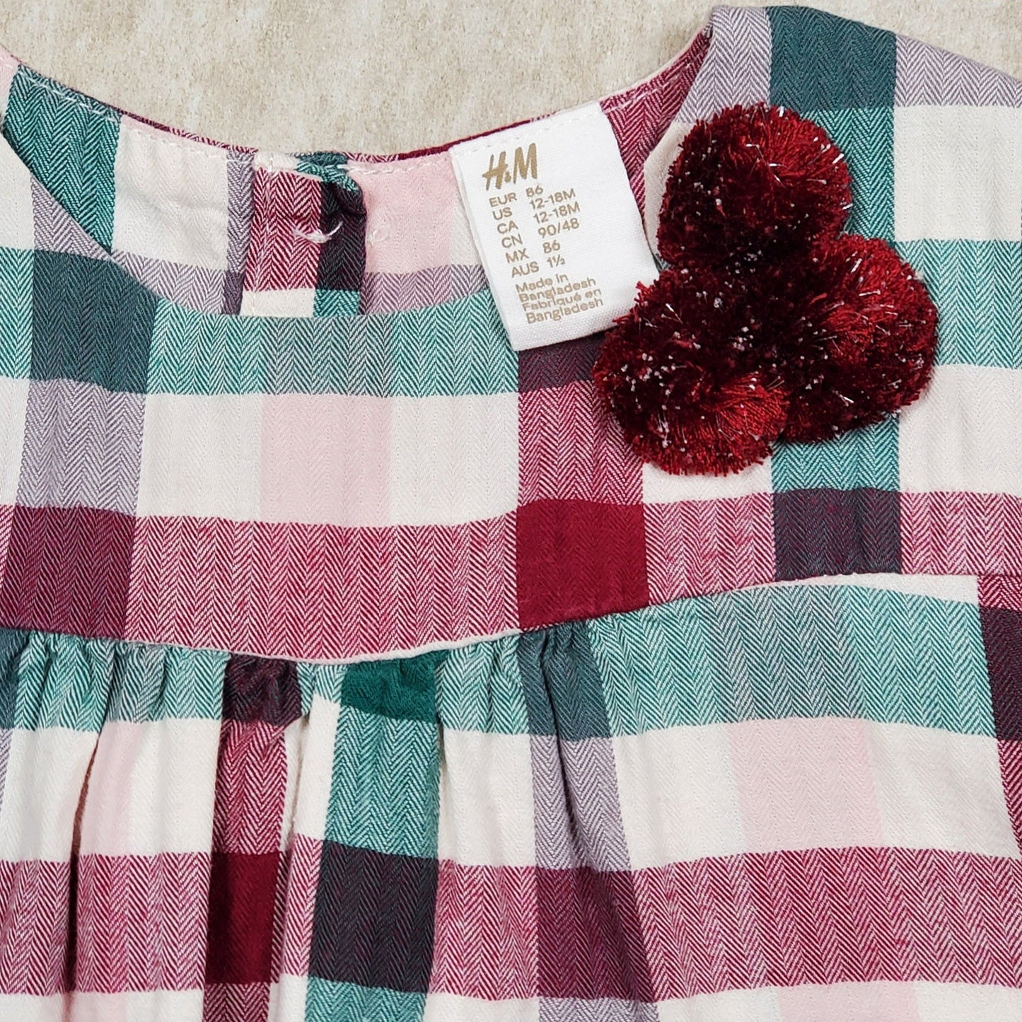 HM Girls Maroon Green Plaid Dress 12M Used View 3