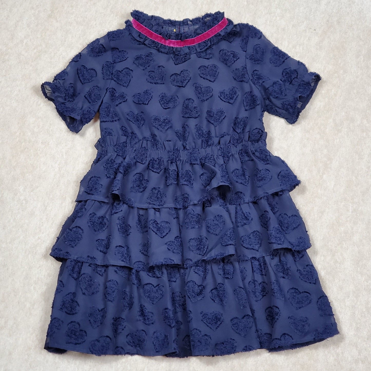 Genuine Kids Oshosh Girls Navy Blue Tiered Heart Dress 5T Used View 1