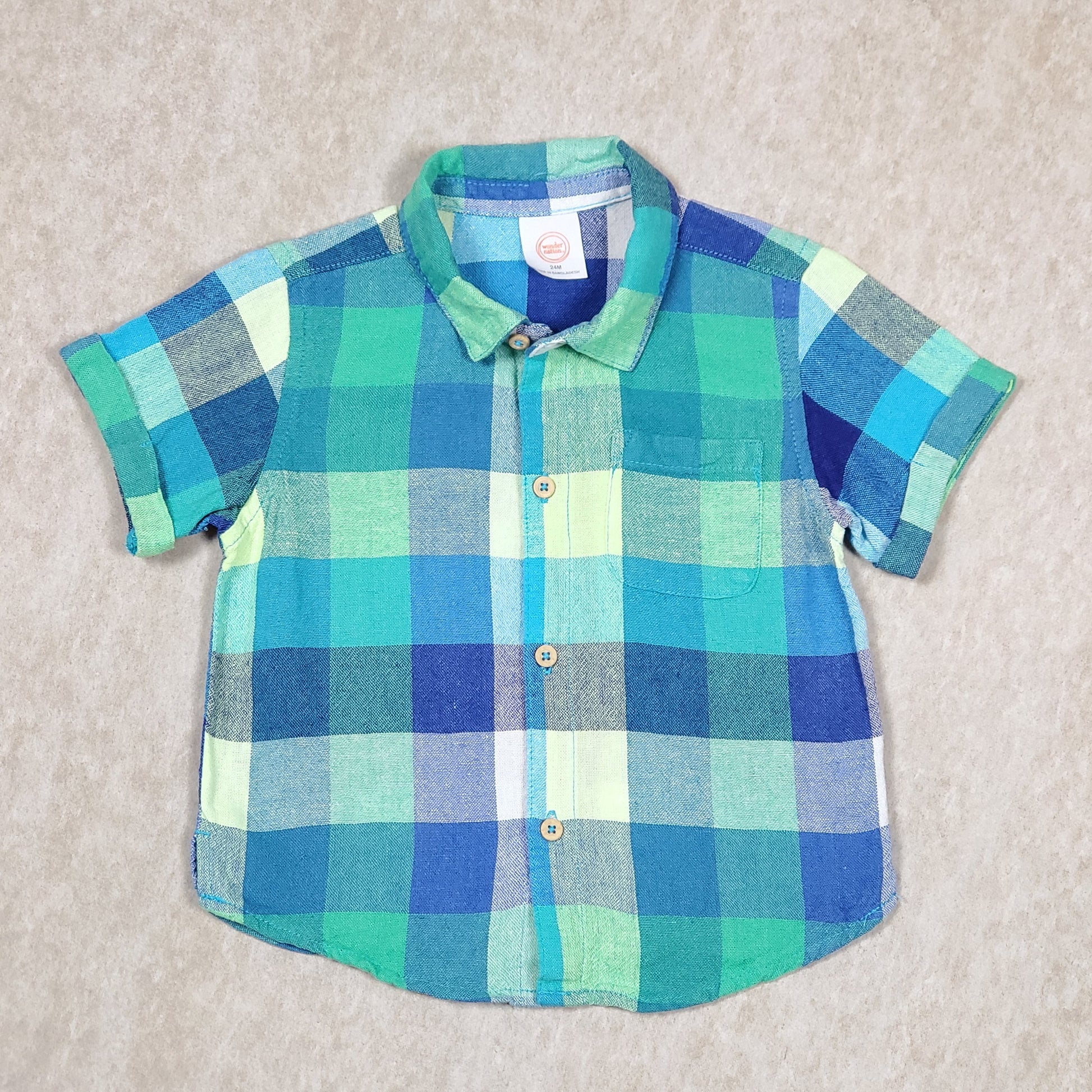 Wonder Nation Boys Plaid Cuff Shirt Blue Green Used View 1