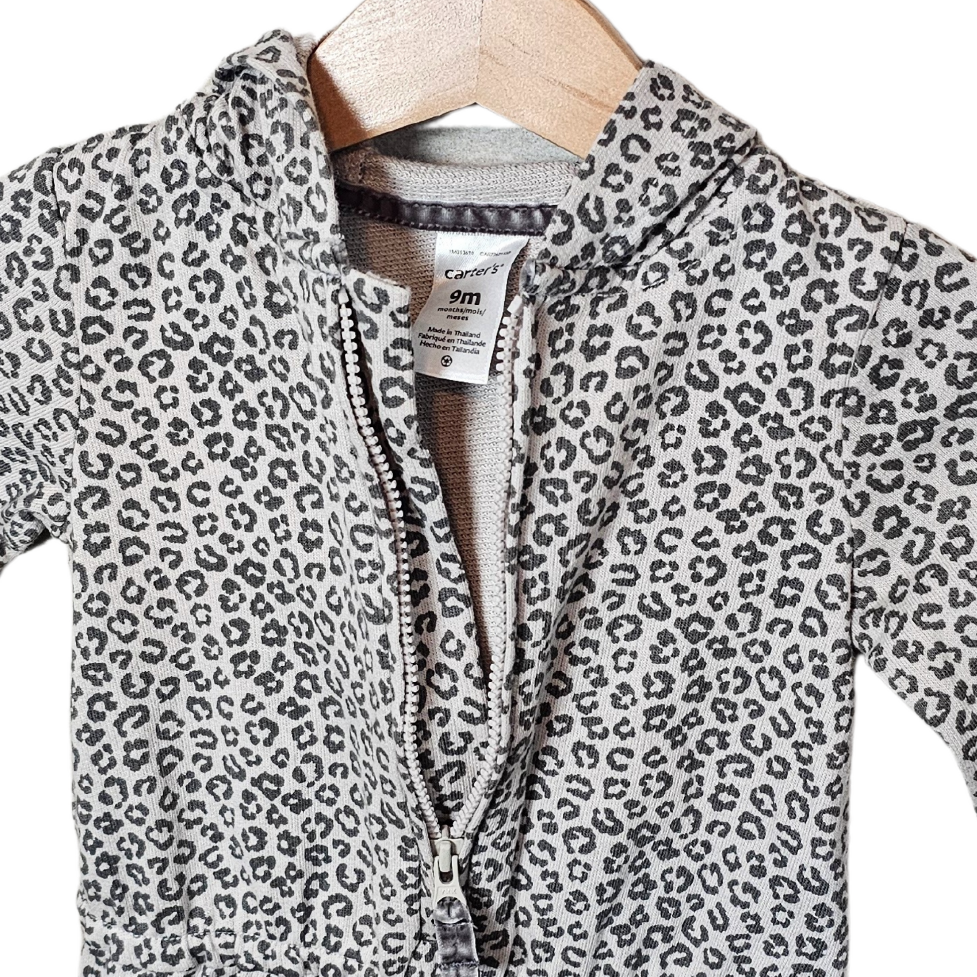 Carters Leopard Hooded 1pc Jumpsuit Size 9 months, close-up