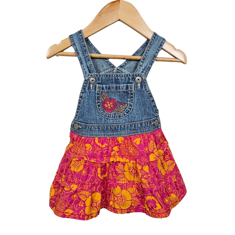 Oshkosh Girls Tiered Floral Jean Overall Dress 12M Pink front