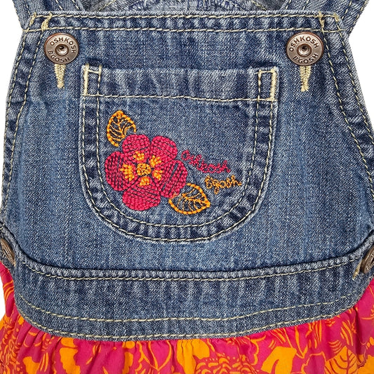 Oshkosh Girls Tiered Floral Jean Overall Dress 12M Pink close up