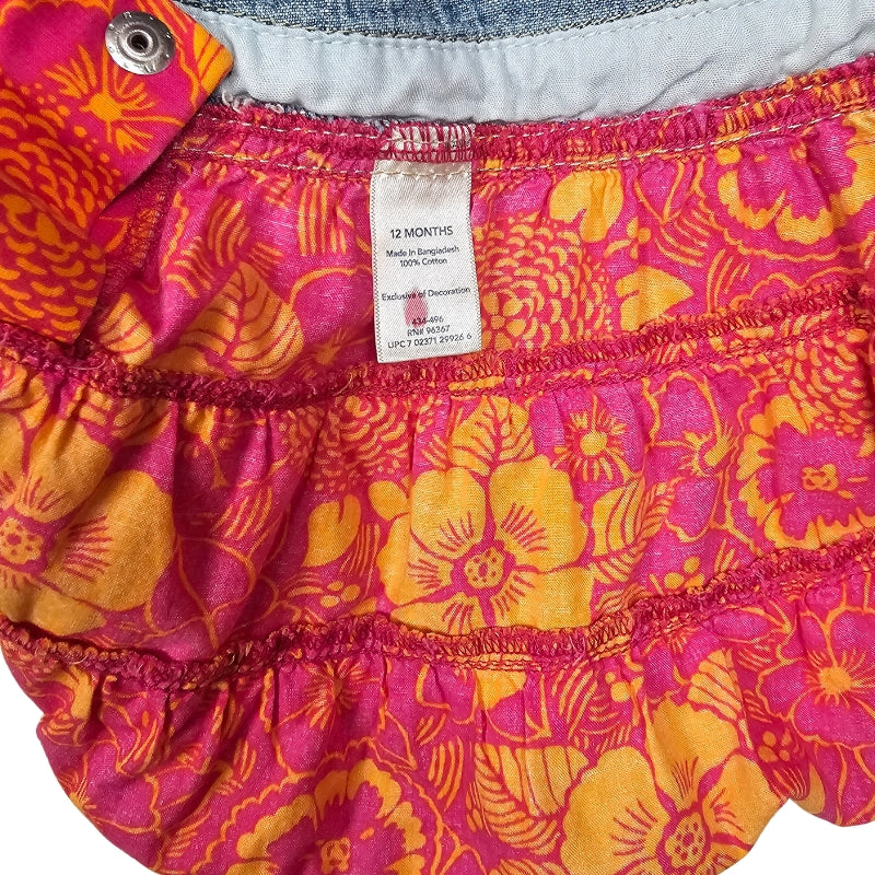 Oshkosh Girls Tiered Floral Jean Overall Dress 12M Pink tag