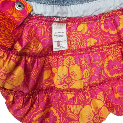 Oshkosh Girls Tiered Floral Jean Overall Dress 12M Pink tag