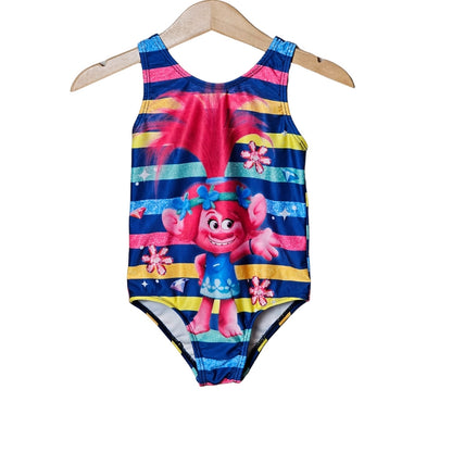 Trolls Girls Poppy Swimsuit 2T Rainbow Stripe front