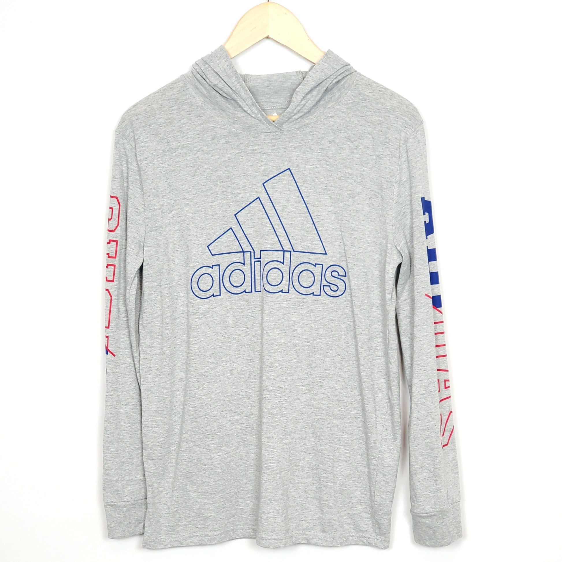 Adidas Boys Grey Logo Hooded Shirt Size 14 Used, front