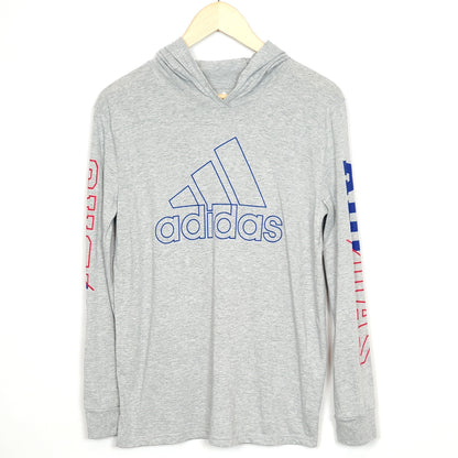 Adidas Boys Grey Logo Hooded Shirt Size 14 Used, front