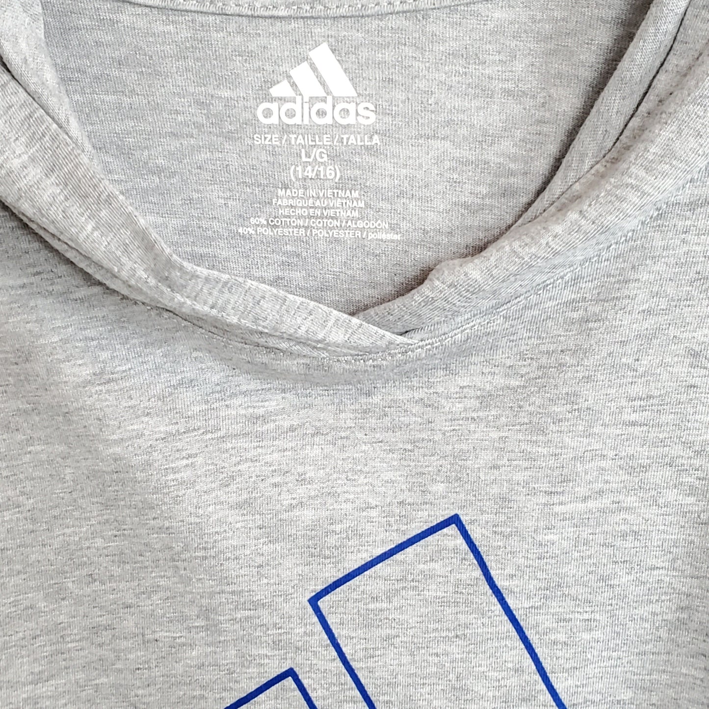 Adidas Boys Grey Logo Hooded Shirt Size 14 Used, close-up