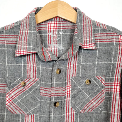 Arizona Boys Grey Red Flannel Plaid Shirt Size 6 Used, close-up