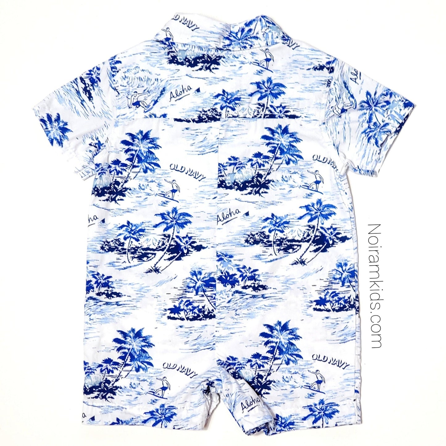 Old Navy Blue White Tropical Boys Romper Used View 2