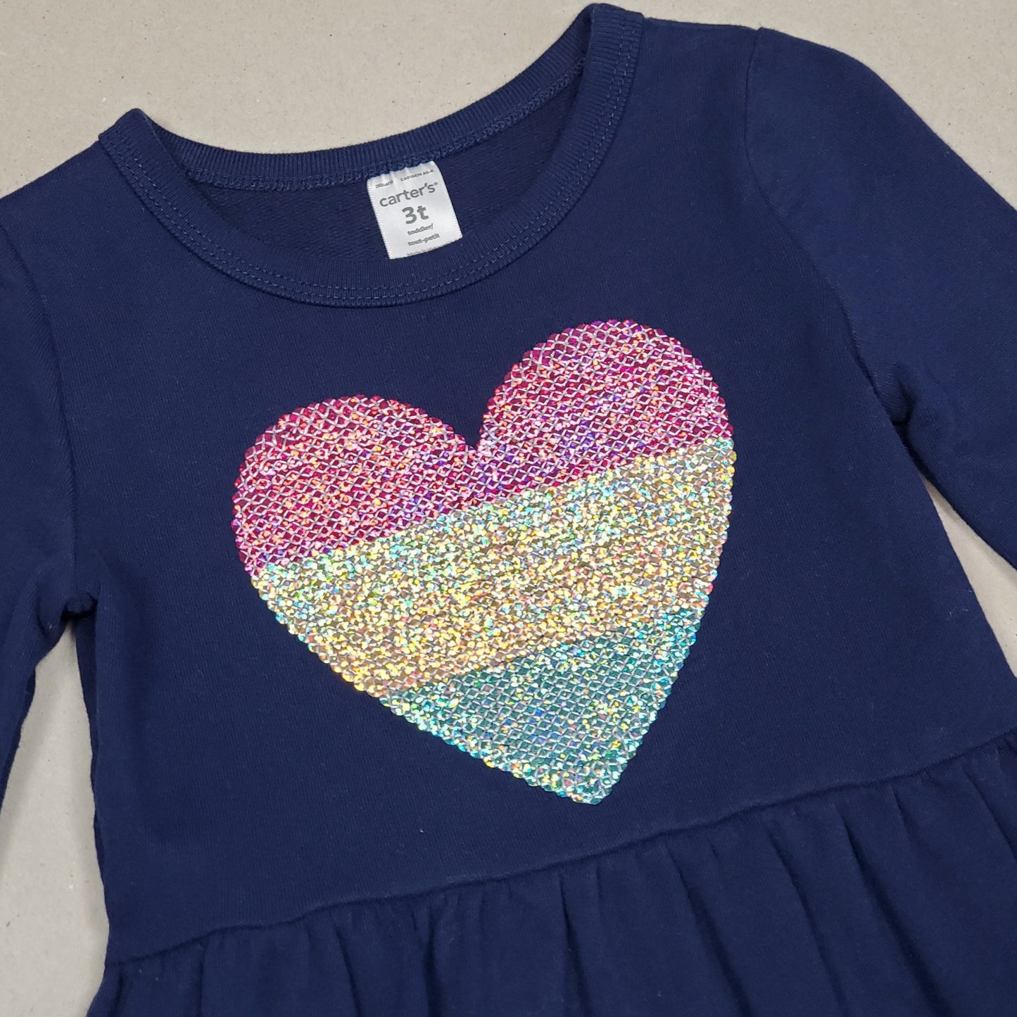 Carters Girls Navy Blue Sequence Heart Dress 3T Used View 3