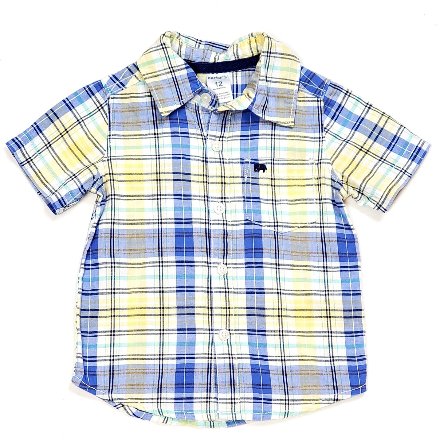 Carters Boys Blue Yellow Plaid Shirt 12M Used View 1