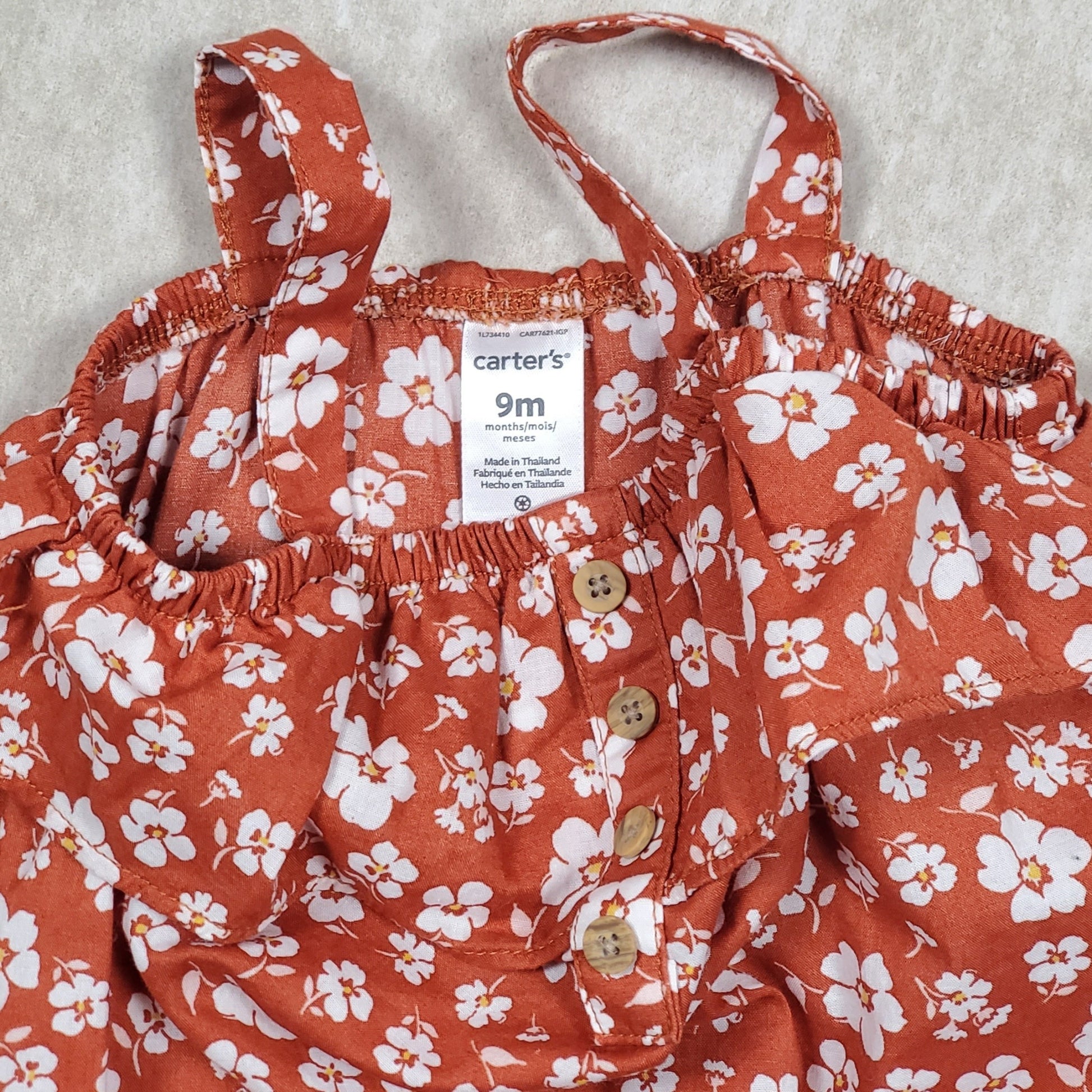 Carters Girls Brown Floral Romper 9M Used View 4