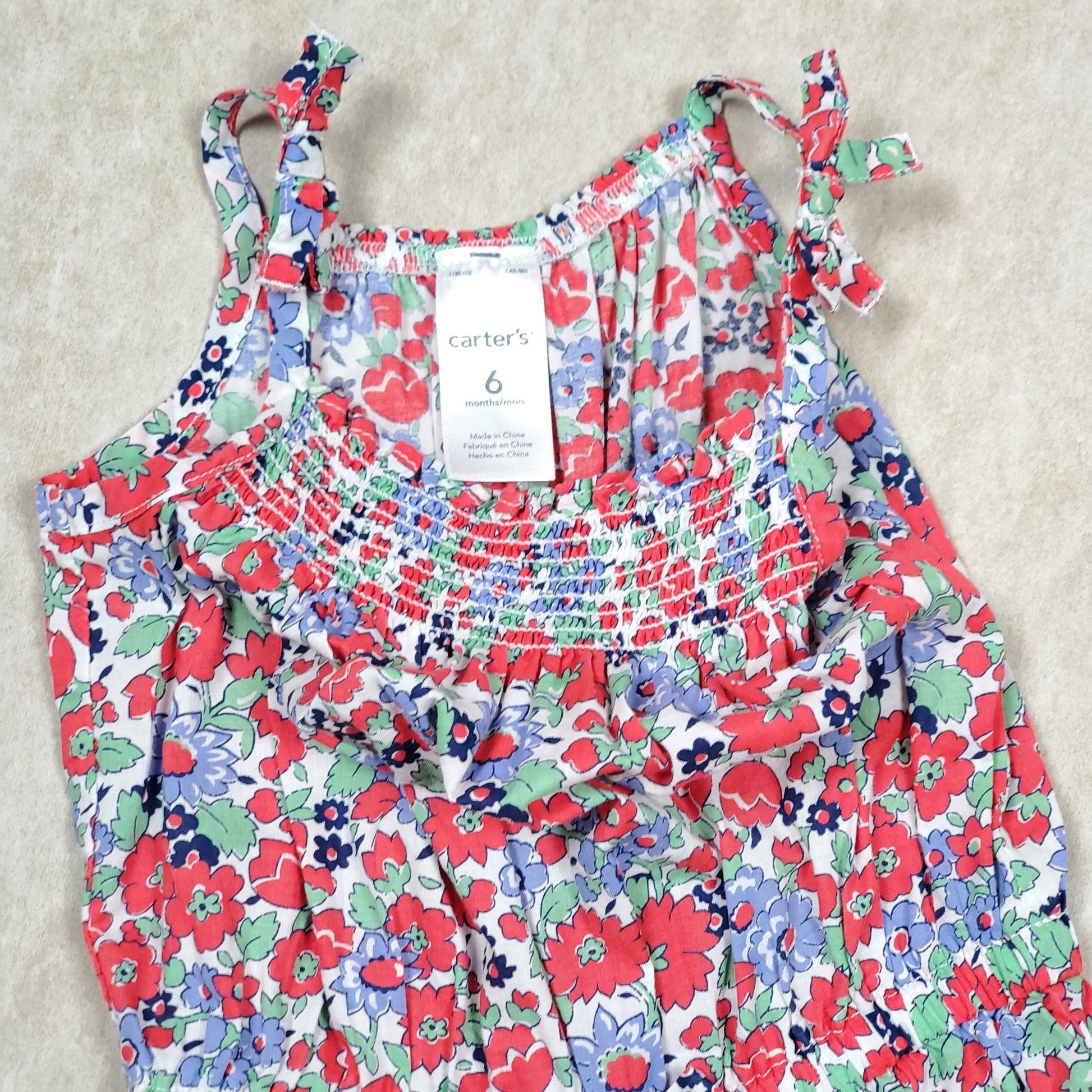 Carters Girls Red Green Floral Romper 6M Used View 4