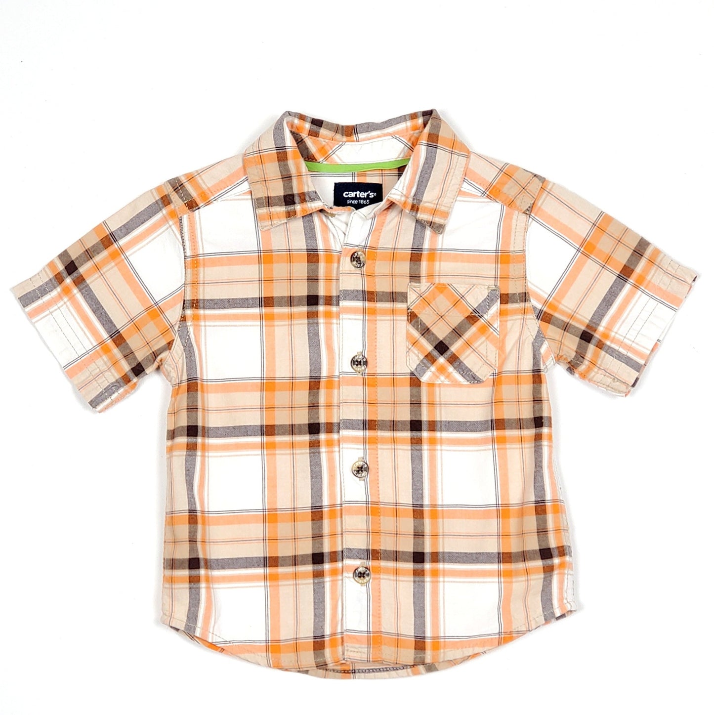 Carters Boys Orange Plaid Shirt 12M Used View 1