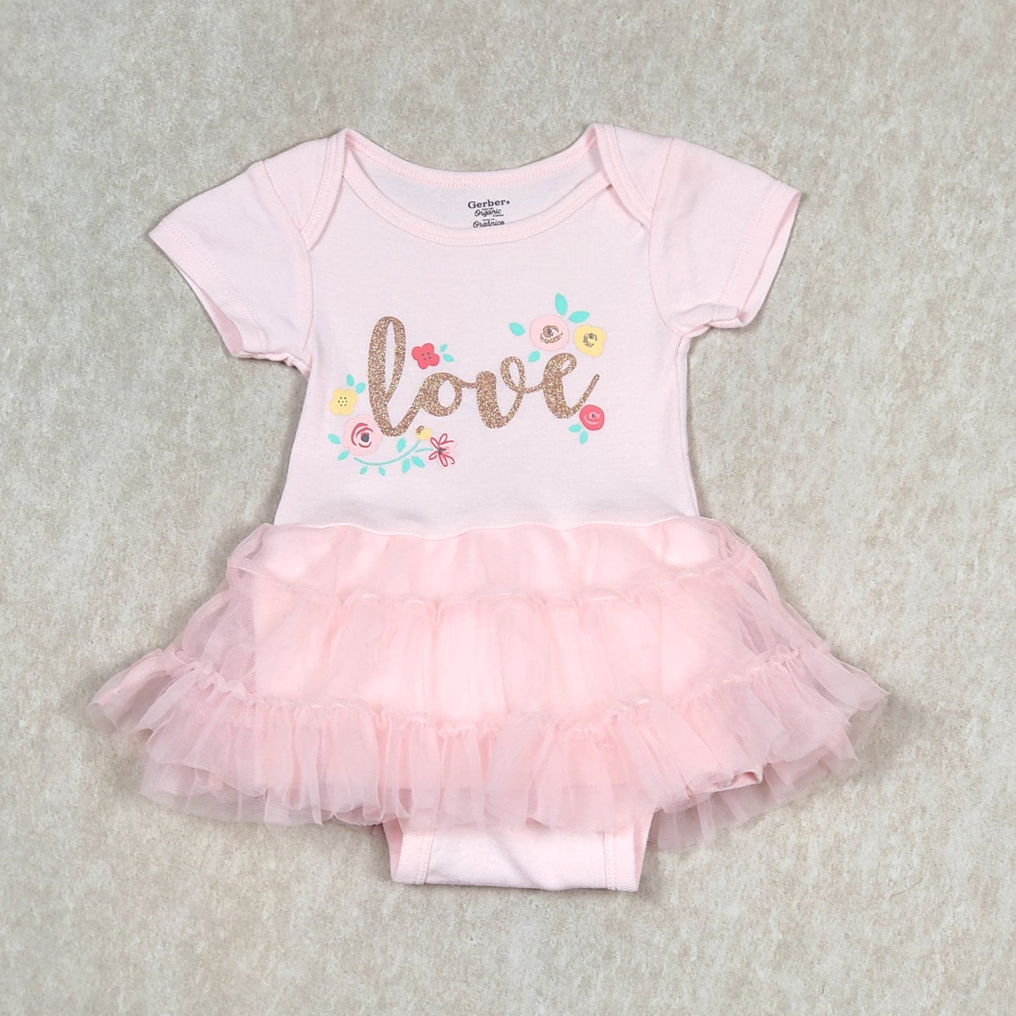 Gerber Baby Girls Pink Love Tutu Bodysuit 3M Used, front