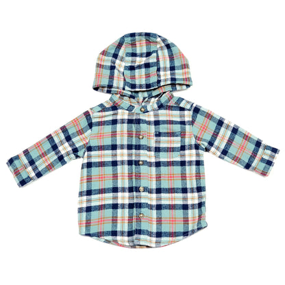 Carters Green Blue Boys Hooded Flannel Shirt 6M Used View 1