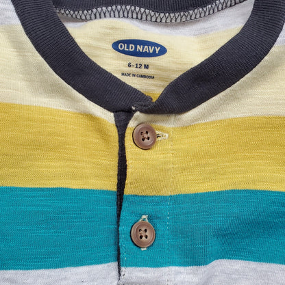Old Navy Boys Green Yellow Striped Shirt 6M Used, close-up