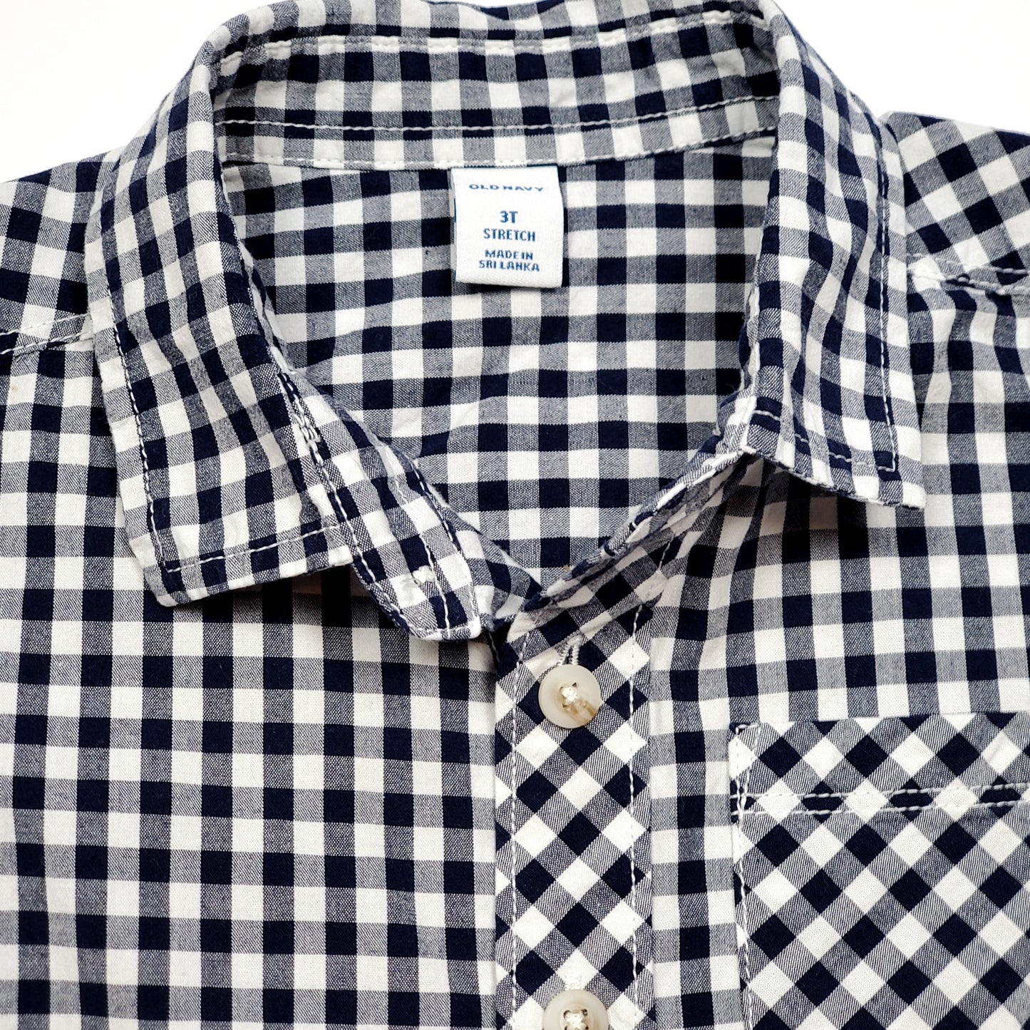 Used Old Navy Boys Navy Blue White Plaid Shirt 3T, close-up