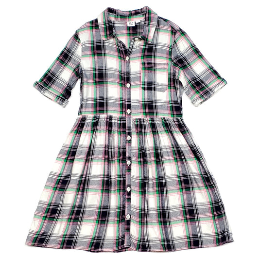 Gap Girls Navy Blue Pink Plaid Flannel Dress Large Used, front