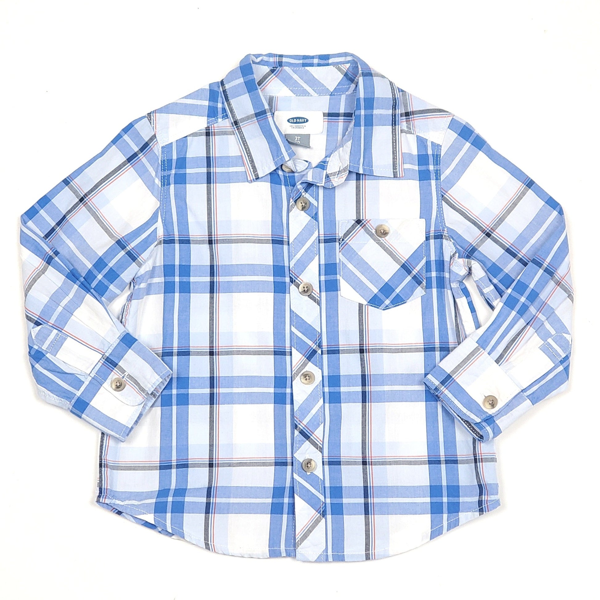 Old Navy Boys Blue White Plaid Shirt 2T Used View 1