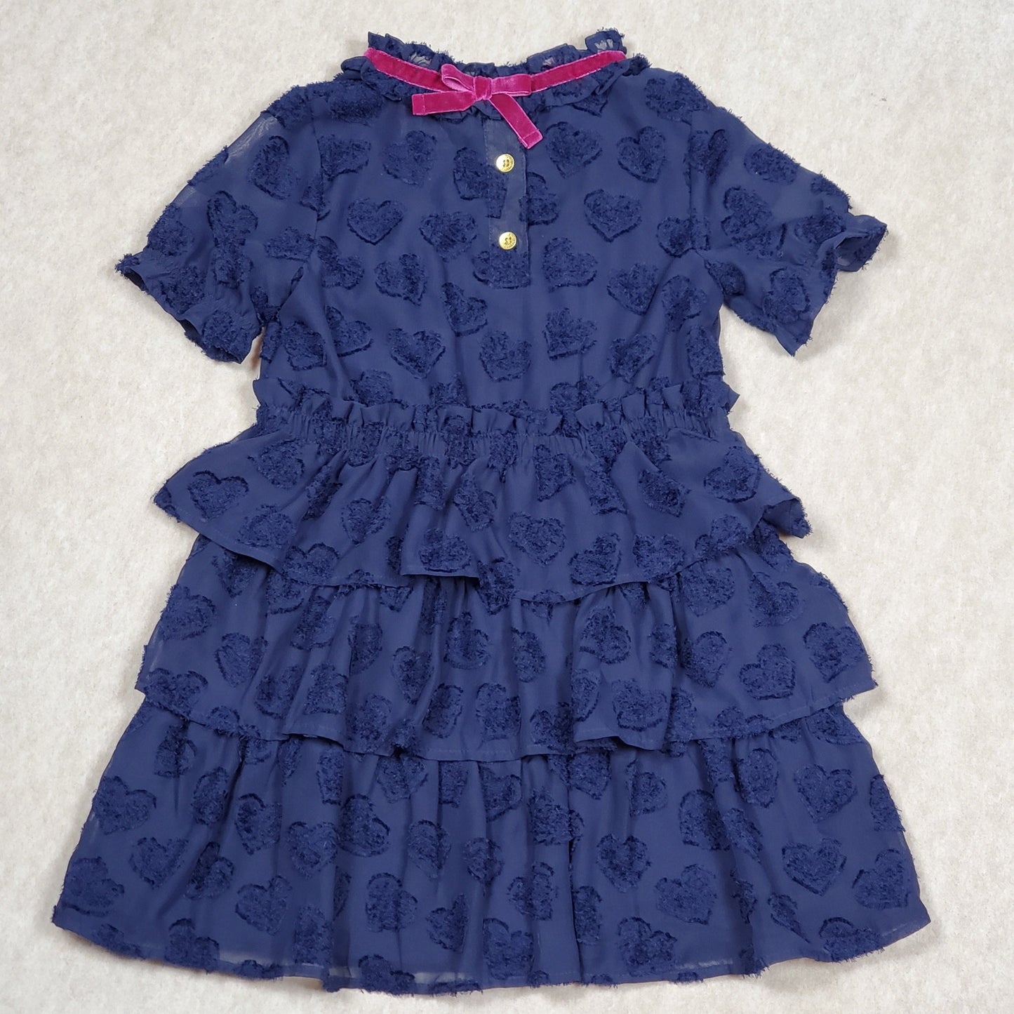 Genuine Kids Oshosh Girls Navy Blue Tiered Heart Dress 5T Used View 3