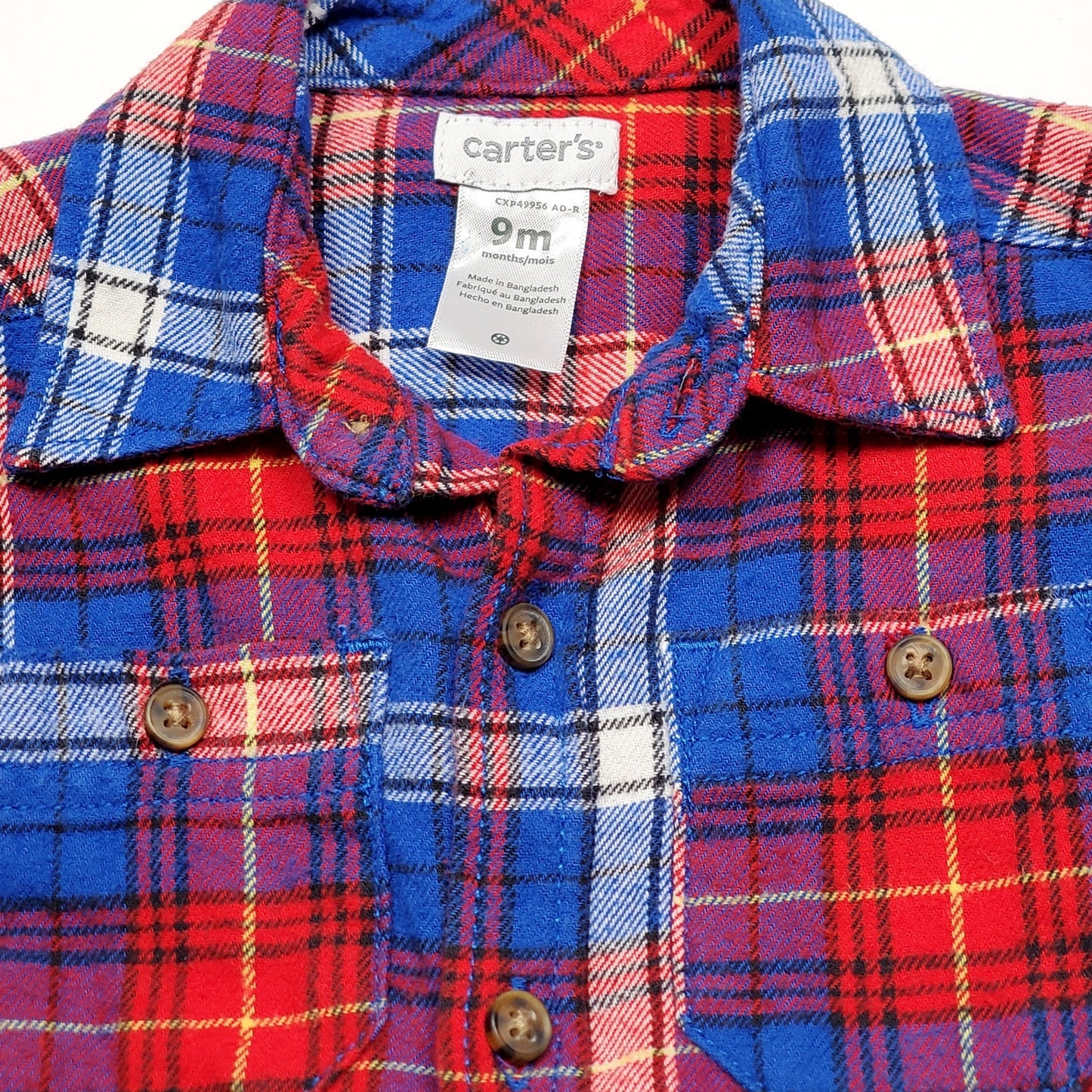 Carters Red White Blue Boys Flannel Shirt 9M Used View 3