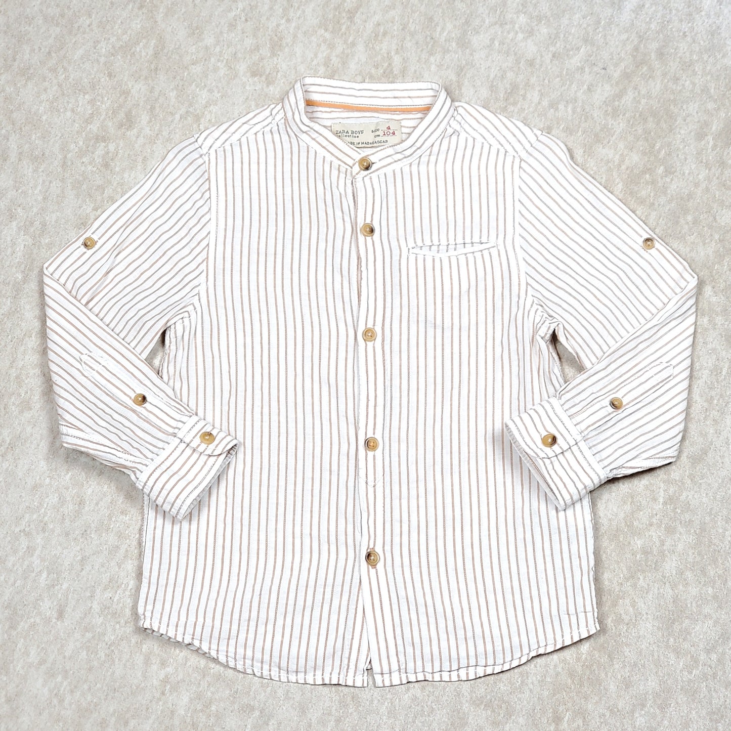 Used Zara Boys White Tan Striped Dress Shirt Size 4 View 1